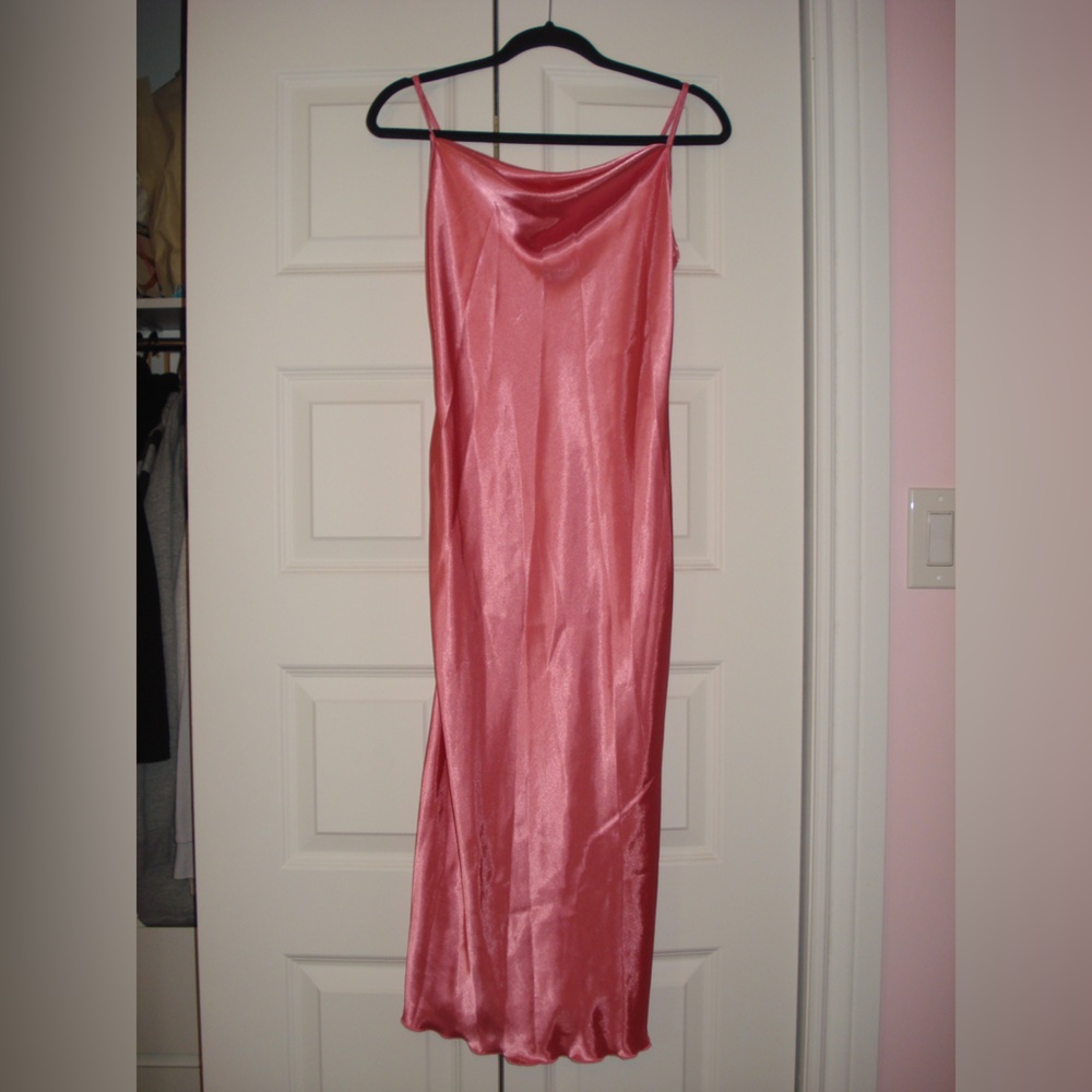 bebe cowl neck satin midi dress
